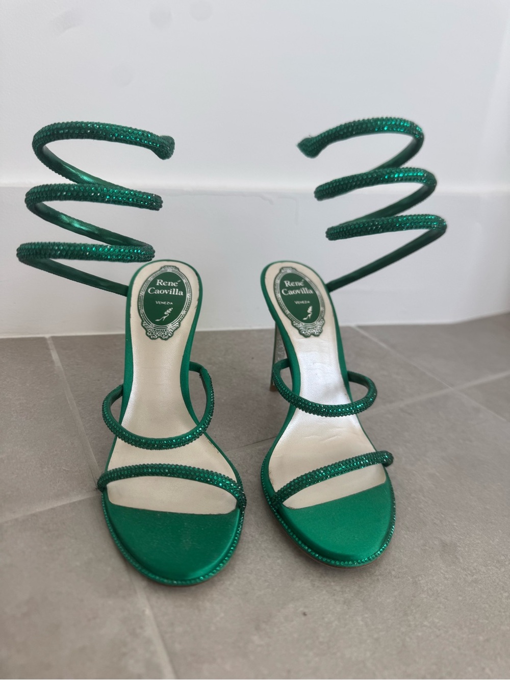 Rene Caovilla Emerald Green Spiral Strap Sandals